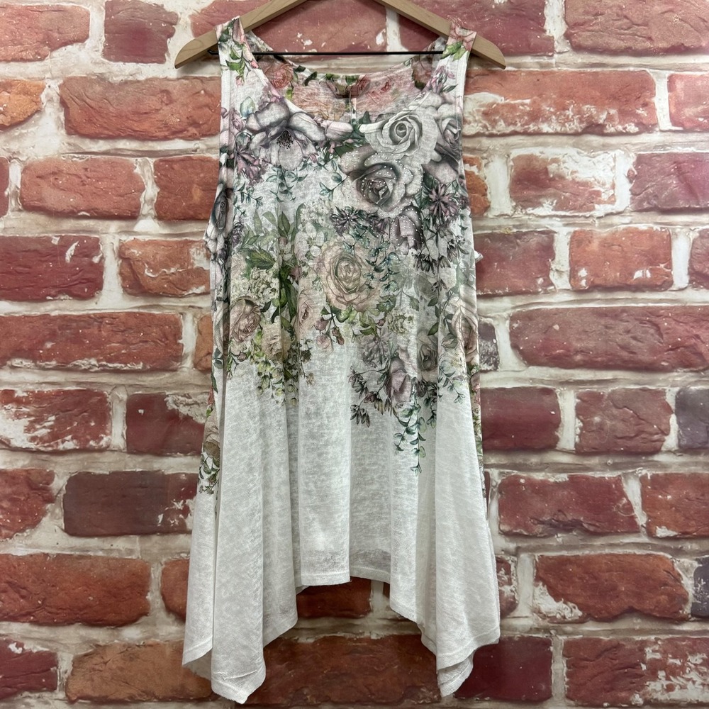 SJS Top Womens 2X White Multicolor Cottage Chic Garden Floral Slubbed Tank Shirt